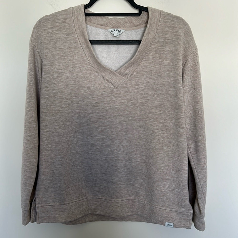 Orvis V-Neck Long Sleeve Modal Blend Pullover Sweatshirt - Beige - Size Small